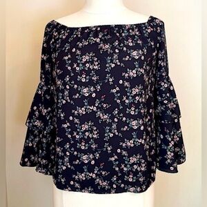 Oddy Navy Blue Ditsy Floral Print SZ S Boho Shabby Chic Cottagecore Peasant Top